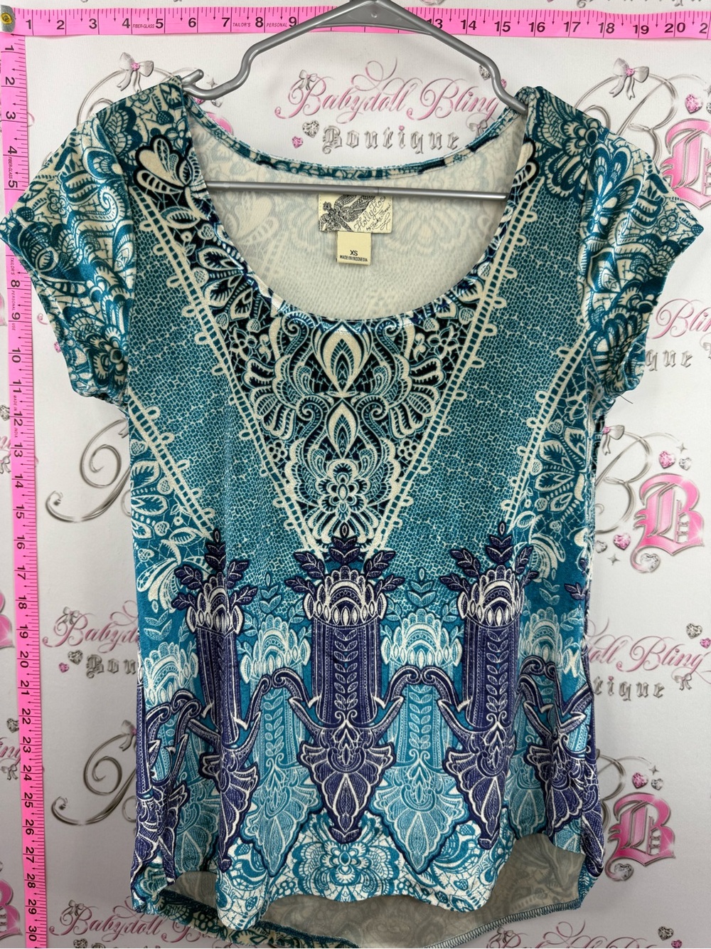 Lucky Brand HOLLY flock Teal and Navy Short Sleeve Printed Scoop Neck Top